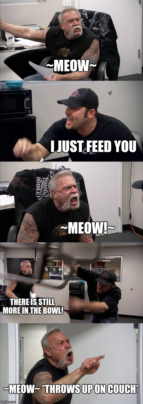 American Chopper Argument |  ~MEOW~; I JUST FEED YOU; ~MEOW!~; THERE IS STILL MORE IN THE BOWL! ~MEOW~ *THROWS UP ON COUCH* | image tagged in memes,american chopper argument | made w/ Imgflip meme maker