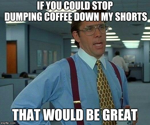 That Would Be Great Meme | IF YOU COULD STOP DUMPING COFFEE DOWN MY SHORTS; THAT WOULD BE GREAT | image tagged in memes,that would be great | made w/ Imgflip meme maker