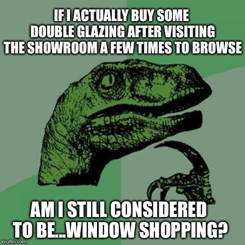 You can see right through this | IF I ACTUALLY BUY SOME DOUBLE GLAZING AFTER VISITING THE SHOWROOM A FEW TIMES TO BROWSE; AM I STILL CONSIDERED TO BE...WINDOW SHOPPING? | image tagged in memes,philosoraptor,window,shopping | made w/ Imgflip meme maker