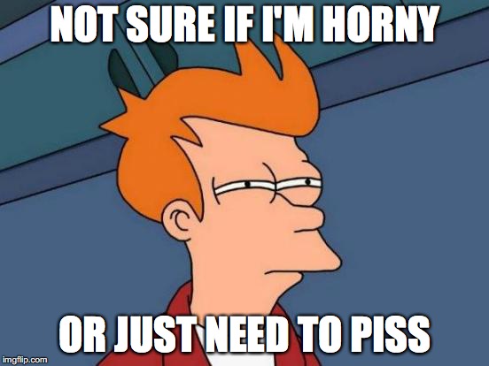 Futurama Fry |  NOT SURE IF I'M HORNY; OR JUST NEED TO PISS | image tagged in memes,futurama fry | made w/ Imgflip meme maker