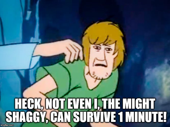 Shaggy meme | HECK, NOT EVEN I, THE MIGHT SHAGGY, CAN SURVIVE 1 MINUTE! | image tagged in shaggy meme | made w/ Imgflip meme maker