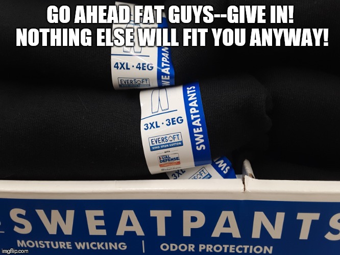 GO AHEAD FAT GUYS--GIVE IN!  NOTHING ELSE WILL FIT YOU ANYWAY! | image tagged in fat,fat shame | made w/ Imgflip meme maker