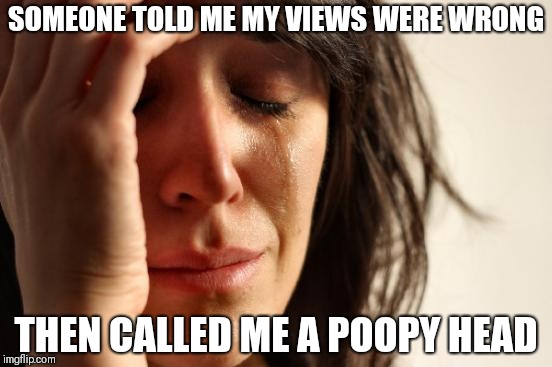 First World Problems Meme | SOMEONE TOLD ME MY VIEWS WERE WRONG THEN CALLED ME A POOPY HEAD | image tagged in memes,first world problems | made w/ Imgflip meme maker