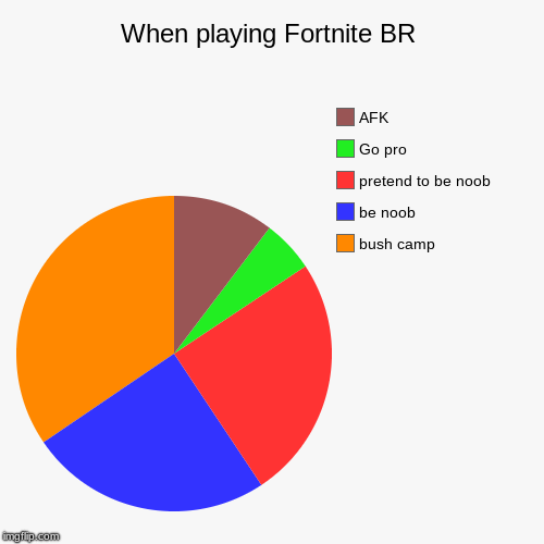 When playing Fortnite BR | bush camp, be noob, pretend to be noob, Go pro, AFK | image tagged in funny,pie charts | made w/ Imgflip chart maker