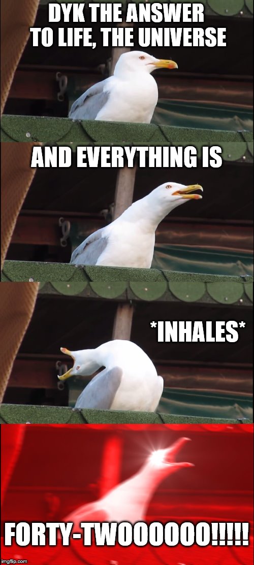 Inhaling Seagull Meme | DYK THE ANSWER TO LIFE, THE UNIVERSE; AND EVERYTHING IS; *INHALES*; FORTY-TWOOOOOO!!!!! | image tagged in memes,inhaling seagull | made w/ Imgflip meme maker