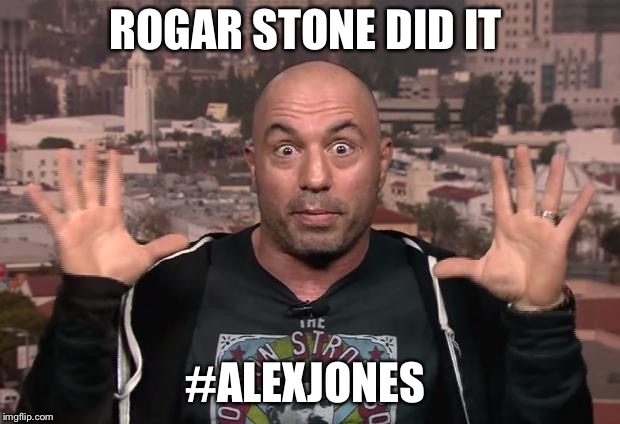 Joe Rogan | ROGAR STONE DID IT; #ALEXJONES | image tagged in joe rogan | made w/ Imgflip meme maker