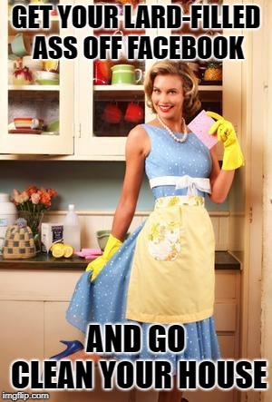 Happy House Wife |  GET YOUR LARD-FILLED ASS OFF FACEBOOK; AND GO CLEAN YOUR HOUSE | image tagged in happy house wife | made w/ Imgflip meme maker