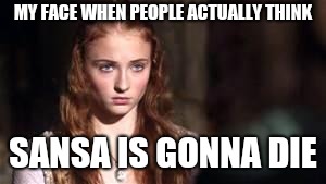 Sansa Stark | MY FACE WHEN PEOPLE ACTUALLY THINK; SANSA IS GONNA DIE | image tagged in sansa stark | made w/ Imgflip meme maker