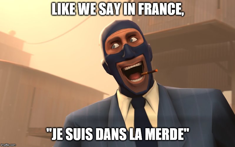 Success Spy (TF2) | LIKE WE SAY IN FRANCE, "JE SUIS DANS LA MERDE" | image tagged in success spy tf2 | made w/ Imgflip meme maker