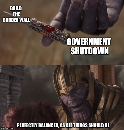 thanos balanced | BUILD THE BORDER WALL; GOVERNMENT SHUTDOWN; PERFECTLY BALANCED, AS ALL THINGS SHOULD BE | image tagged in thanos balanced | made w/ Imgflip meme maker