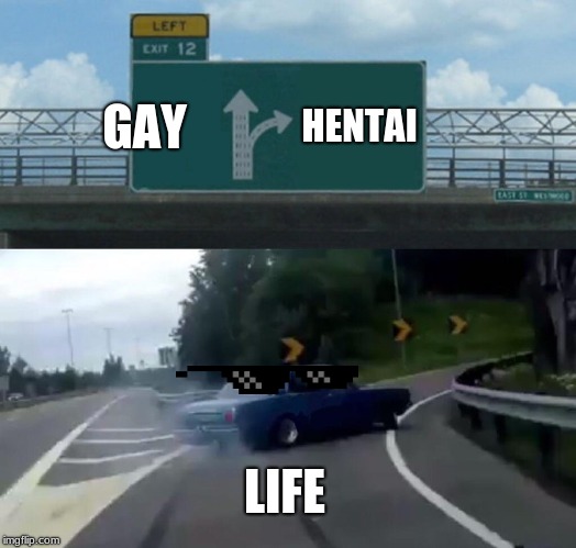 Left Exit 12 Off Ramp | GAY; HENTAI; LIFE | image tagged in memes,left exit 12 off ramp | made w/ Imgflip meme maker