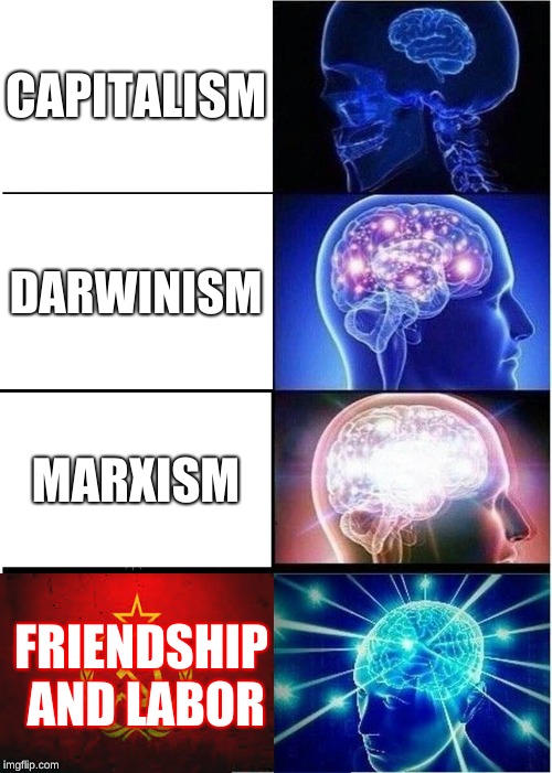 Expanding Brain Meme | CAPITALISM; DARWINISM; MARXISM; FRIENDSHIP AND LABOR | image tagged in memes,expanding brain | made w/ Imgflip meme maker