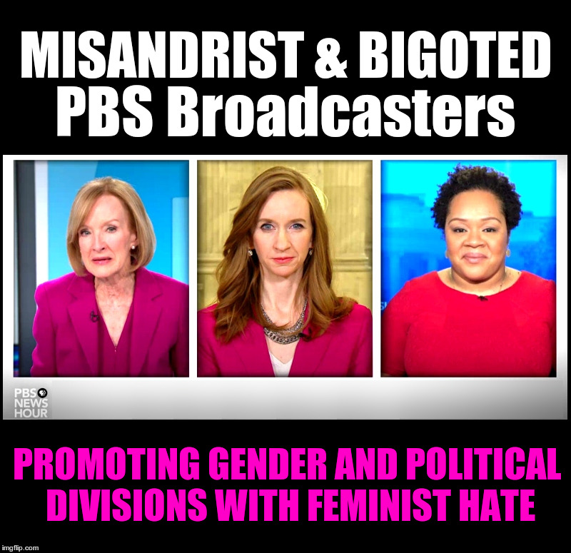 Misandrist and bigoted PBS broadcasters use public broadcasting air-time to promote their personal destructive feminist agenda.. | MISANDRIST & BIGOTED; PBS Broadcasters; PROMOTING GENDER AND POLITICAL DIVISIONS WITH FEMINIST HATE | image tagged in pbs,judy woodruff,bigots,yamiche,feminists | made w/ Imgflip meme maker