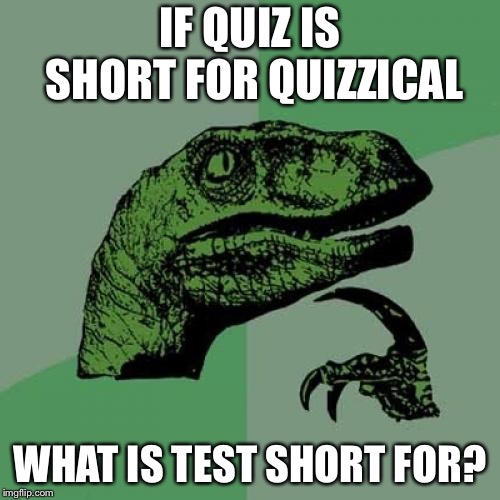 Philosoraptor Meme | IF QUIZ IS SHORT FOR QUIZZICAL; WHAT IS TEST SHORT FOR? | image tagged in memes,philosoraptor | made w/ Imgflip meme maker