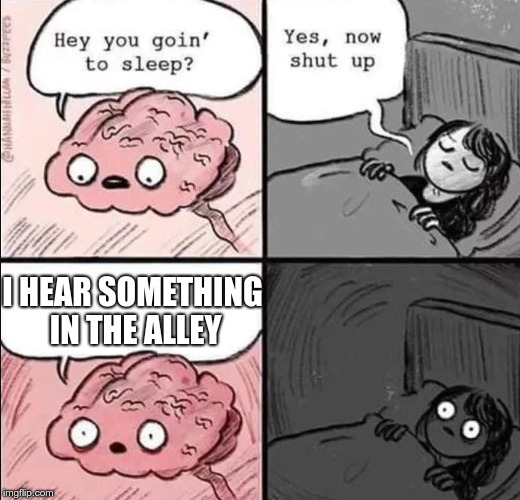 waking up brain | I HEAR SOMETHING IN THE ALLEY | image tagged in waking up brain,memes,scare | made w/ Imgflip meme maker