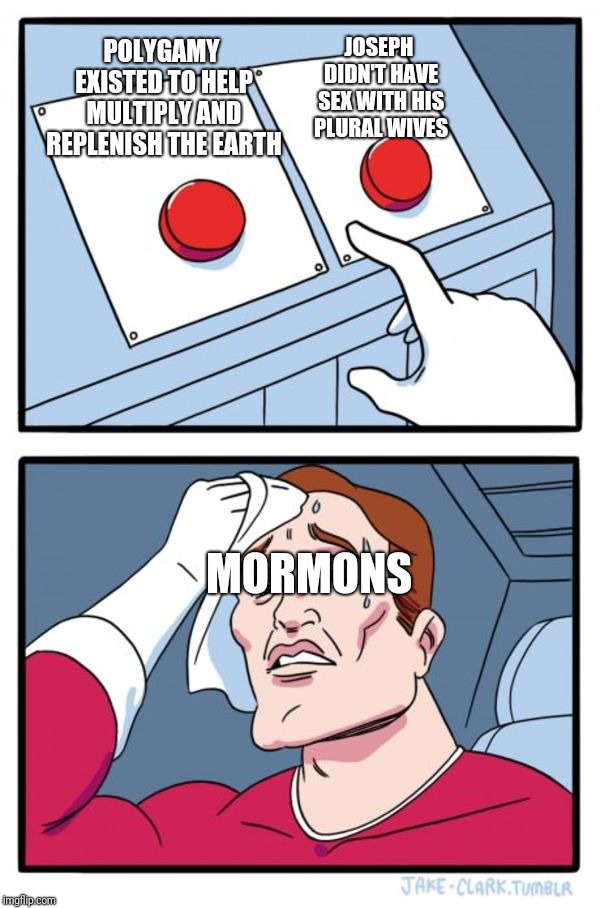 Press button hard choice  | JOSEPH DIDN'T HAVE SEX WITH HIS PLURAL WIVES; POLYGAMY EXISTED TO HELP MULTIPLY AND REPLENISH THE EARTH; MORMONS | image tagged in press button hard choice | made w/ Imgflip meme maker