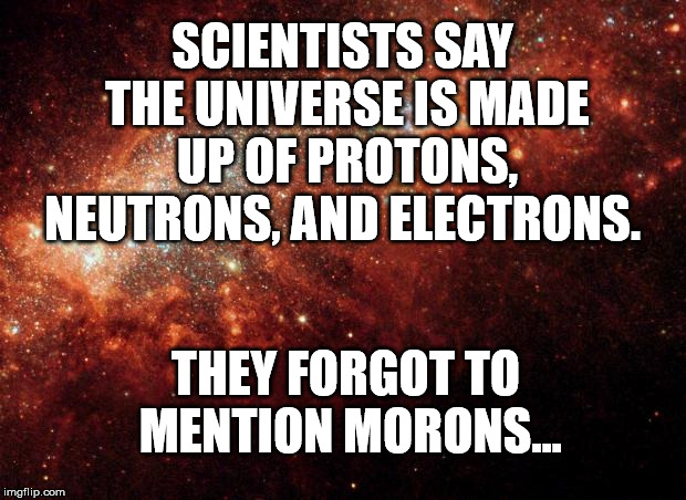 the universe | SCIENTISTS SAY THE UNIVERSE IS MADE UP OF PROTONS, NEUTRONS, AND ELECTRONS. THEY FORGOT TO MENTION MORONS... | image tagged in the universe | made w/ Imgflip meme maker