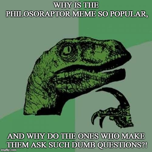 I wunda | WHY IS THE PHILOSORAPTOR MEME SO POPULAR, AND WHY DO THE ONES WHO MAKE THEM ASK SUCH DUMB QUESTIONS?! | image tagged in memes,philosoraptor,popularity | made w/ Imgflip meme maker