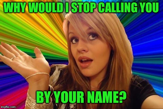 Dumb Blonde Meme | WHY WOULD I STOP CALLING YOU BY YOUR NAME? | image tagged in memes,dumb blonde | made w/ Imgflip meme maker