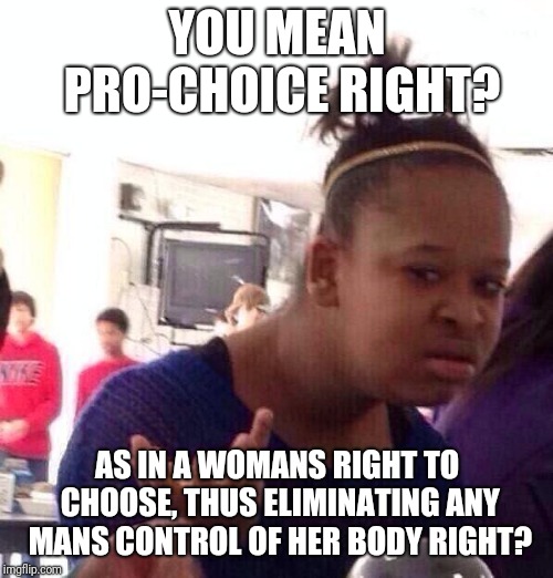 Black Girl Wat Meme | YOU MEAN PRO-CHOICE RIGHT? AS IN A WOMANS RIGHT TO CHOOSE, THUS ELIMINATING ANY MANS CONTROL OF HER BODY RIGHT? | image tagged in memes,black girl wat | made w/ Imgflip meme maker