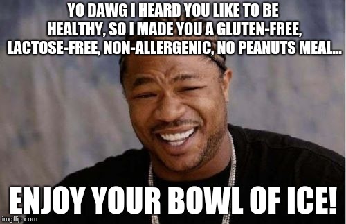 Yo Dawg Heard You Meme | YO DAWG I HEARD YOU LIKE TO BE HEALTHY, SO I MADE YOU A GLUTEN-FREE, LACTOSE-FREE, NON-ALLERGENIC, NO PEANUTS MEAL... ENJOY YOUR BOWL OF ICE! | image tagged in memes,yo dawg heard you | made w/ Imgflip meme maker