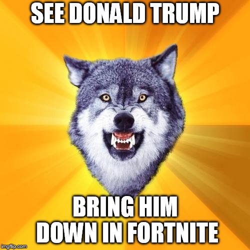 Courage Wolf Meme | SEE DONALD TRUMP; BRING HIM DOWN IN FORTNITE | image tagged in memes,courage wolf | made w/ Imgflip meme maker