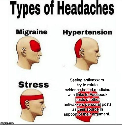 Types of Headaches meme | Seeing antivaxxers try to refute evidence based medicine with links to Facebook posts of other antivaxxers personal posts as their source in support of their argument. | image tagged in types of headaches meme | made w/ Imgflip meme maker