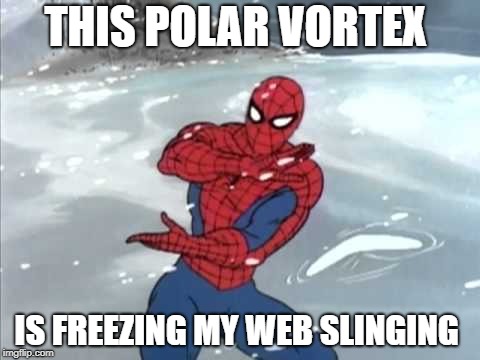 The moment you realize you're not supposed to be out in the cold | THIS POLAR VORTEX; IS FREEZING MY WEB SLINGING | image tagged in spiderman in snow,polar vortex,funny but true | made w/ Imgflip meme maker