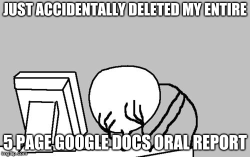 Computer Guy Facepalm Meme | JUST ACCIDENTALLY DELETED MY ENTIRE; 5 PAGE GOOGLE DOCS ORAL REPORT | image tagged in memes,computer guy facepalm | made w/ Imgflip meme maker