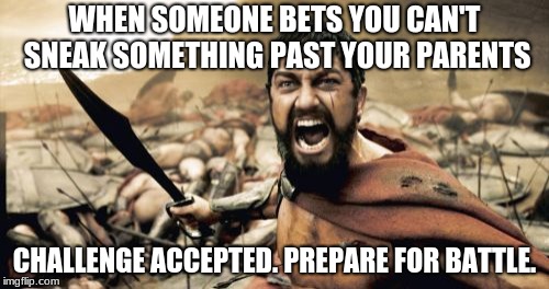 Sparta Leonidas | WHEN SOMEONE BETS YOU CAN'T SNEAK SOMETHING PAST YOUR PARENTS; CHALLENGE ACCEPTED. PREPARE FOR BATTLE. | image tagged in memes,sparta leonidas | made w/ Imgflip meme maker