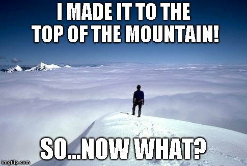 At least gravity will assist you getting back down | I MADE IT TO THE TOP OF THE MOUNTAIN! SO...NOW WHAT? | image tagged in top of the mountain,joke,humor | made w/ Imgflip meme maker