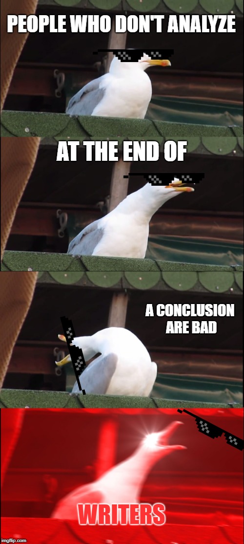 Inhaling Seagull | PEOPLE WHO DON'T ANALYZE; AT THE END OF; A CONCLUSION ARE BAD; WRITERS | image tagged in memes,inhaling seagull | made w/ Imgflip meme maker