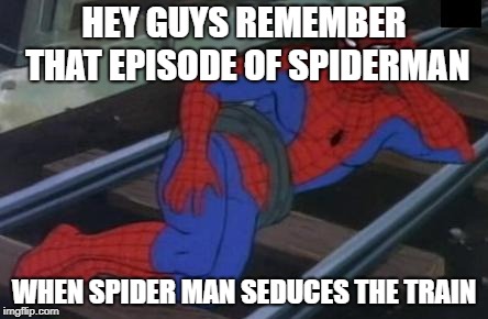 Sexy Railroad Spiderman | HEY GUYS REMEMBER THAT EPISODE OF SPIDERMAN; WHEN SPIDER MAN SEDUCES THE TRAIN | image tagged in memes,sexy railroad spiderman,spiderman | made w/ Imgflip meme maker