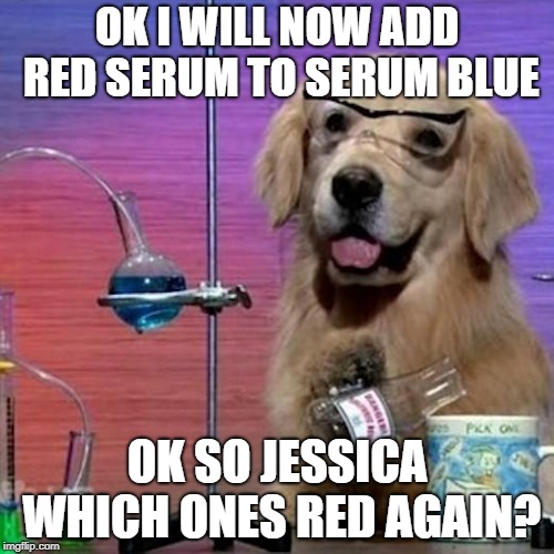 I Have No Idea What I Am Doing Dog Meme | OK I WILL NOW ADD RED SERUM TO SERUM BLUE; OK SO JESSICA WHICH ONES RED AGAIN? | image tagged in memes,i have no idea what i am doing dog | made w/ Imgflip meme maker
