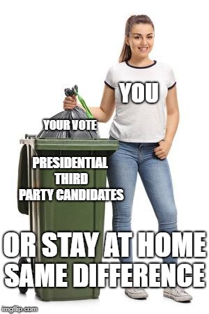 I can't be any clearer | YOU; YOUR VOTE; PRESIDENTIAL THIRD PARTY CANDIDATES; OR STAY AT HOME; SAME DIFFERENCE | image tagged in election 2020,third party,third party candidates,trash,vote | made w/ Imgflip meme maker