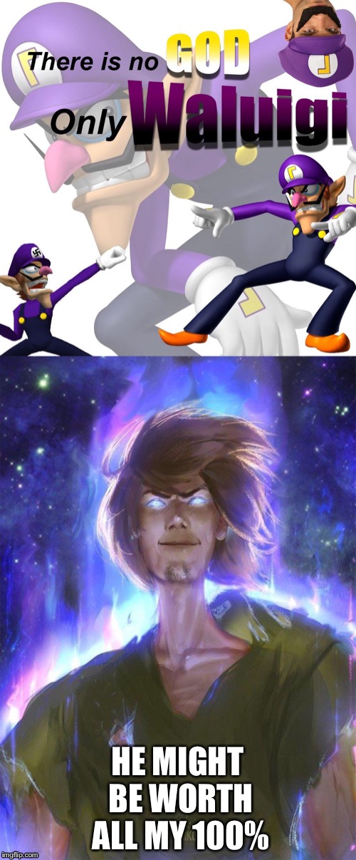 This is going to be epic  | HE MIGHT BE WORTH ALL MY 100% | image tagged in waluigi,shaggy,gods | made w/ Imgflip meme maker