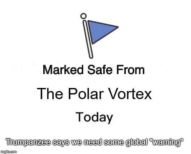 Marked Safe From | The Polar Vortex; Trumpanzee says we need some global "waming" | image tagged in marked safe from facebook meme template | made w/ Imgflip meme maker