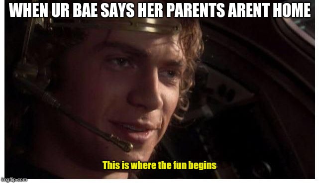 Prequel meme | WHEN UR BAE SAYS HER PARENTS ARENT HOME; This is where the fun begins | image tagged in prequel meme | made w/ Imgflip meme maker