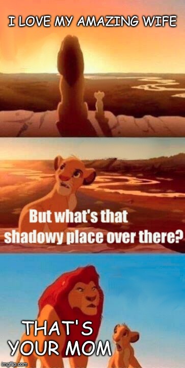 Simba Shadowy Place | I LOVE MY AMAZING WIFE; THAT'S YOUR MOM | image tagged in memes,simba shadowy place | made w/ Imgflip meme maker