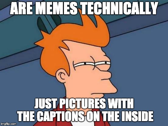 Futurama Fry | ARE MEMES TECHNICALLY; JUST PICTURES WITH THE CAPTIONS ON THE INSIDE | image tagged in memes,futurama fry | made w/ Imgflip meme maker