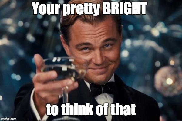 Leonardo Dicaprio Cheers Meme | Your pretty BRIGHT to think of that | image tagged in memes,leonardo dicaprio cheers | made w/ Imgflip meme maker