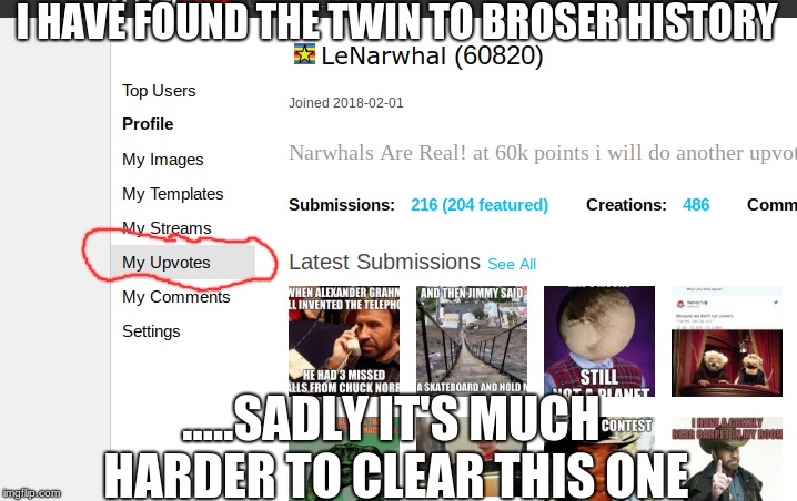 I Think This is Why Some People Don't Upvote | I HAVE FOUND THE TWIN TO BROSER HISTORY; .....SADLY IT'S MUCH HARDER TO CLEAR THIS ONE | image tagged in memes,funny,imgflip,lenarwhal,upvotes | made w/ Imgflip meme maker