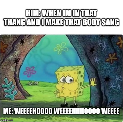 Tired Spongebob | HIM: WHEN IM IN THAT THANG AND I MAKE THAT BODY SANG; ME: WEEEEHOOOO WEEEEHHHOOOO WEEEE | image tagged in tired spongebob | made w/ Imgflip meme maker