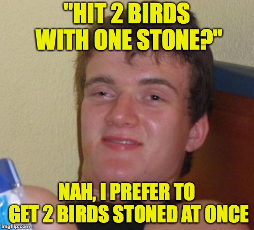 Bird Weekend is here! | "HIT 2 BIRDS WITH ONE STONE?"; NAH, I PREFER TO GET 2 BIRDS STONED AT ONCE | image tagged in memes,10 guy,funny,drugs,bird weekend,stoned | made w/ Imgflip meme maker