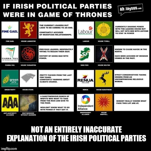 NOT AN ENTIRELY INACCURATE EXPLANATION OF THE IRISH POLITICAL PARTIES | image tagged in irish politics,got style | made w/ Imgflip meme maker