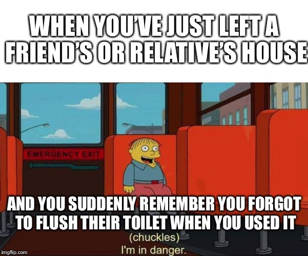 I'm in Danger + blank place above | WHEN YOU’VE JUST LEFT A FRIEND’S OR RELATIVE’S HOUSE; AND YOU SUDDENLY REMEMBER YOU FORGOT TO FLUSH THEIR TOILET WHEN YOU USED IT | image tagged in i'm in danger  blank place above | made w/ Imgflip meme maker