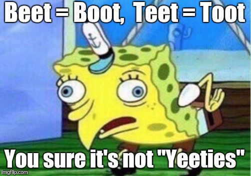 Mocking Spongebob Meme | Beet = Boot,  Teet = Toot You sure it's not "Yeeties" | image tagged in memes,mocking spongebob | made w/ Imgflip meme maker
