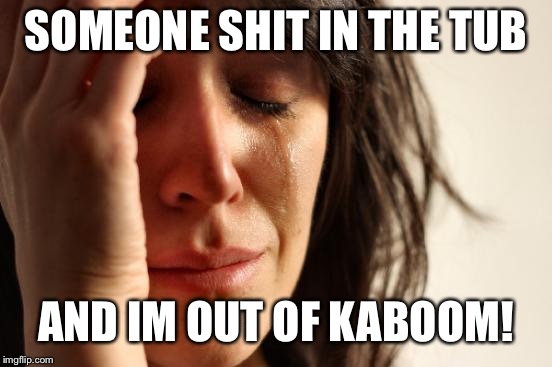 First World Problems Meme | SOMEONE SHIT IN THE TUB; AND IM OUT OF KABOOM! | image tagged in memes,first world problems | made w/ Imgflip meme maker