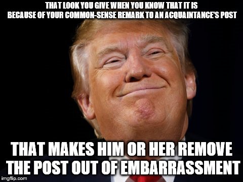 Smug Trump | THAT LOOK YOU GIVE WHEN YOU KNOW THAT IT IS BECAUSE OF YOUR COMMON-SENSE REMARK TO AN ACQUAINTANCE'S POST; THAT MAKES HIM OR HER REMOVE THE POST OUT OF EMBARRASSMENT | image tagged in smug trump | made w/ Imgflip meme maker