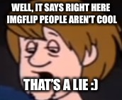 Well, It Says Right Here Shaggy | WELL, IT SAYS RIGHT HERE IMGFLIP PEOPLE AREN’T COOL; THAT’S A LIE :) | image tagged in well it says right here shaggy | made w/ Imgflip meme maker